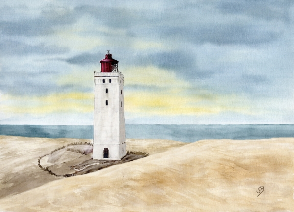 Postcard DIN-A5  watercolor maritime art print North Sea Denmark Danmark lighthouse Rubjerg Knude dune Blokhus Lokken Sunset